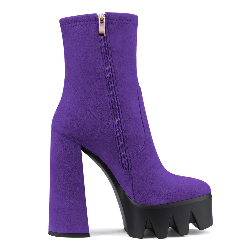 DearOnly Women Chunky Block High Heel Platform Pointed Toe Ankle Boots Short Bootie Zipper Slip-on Classic Wedding Party 5.5 Inches Heels Boots Purple Suede A 9.5 M US