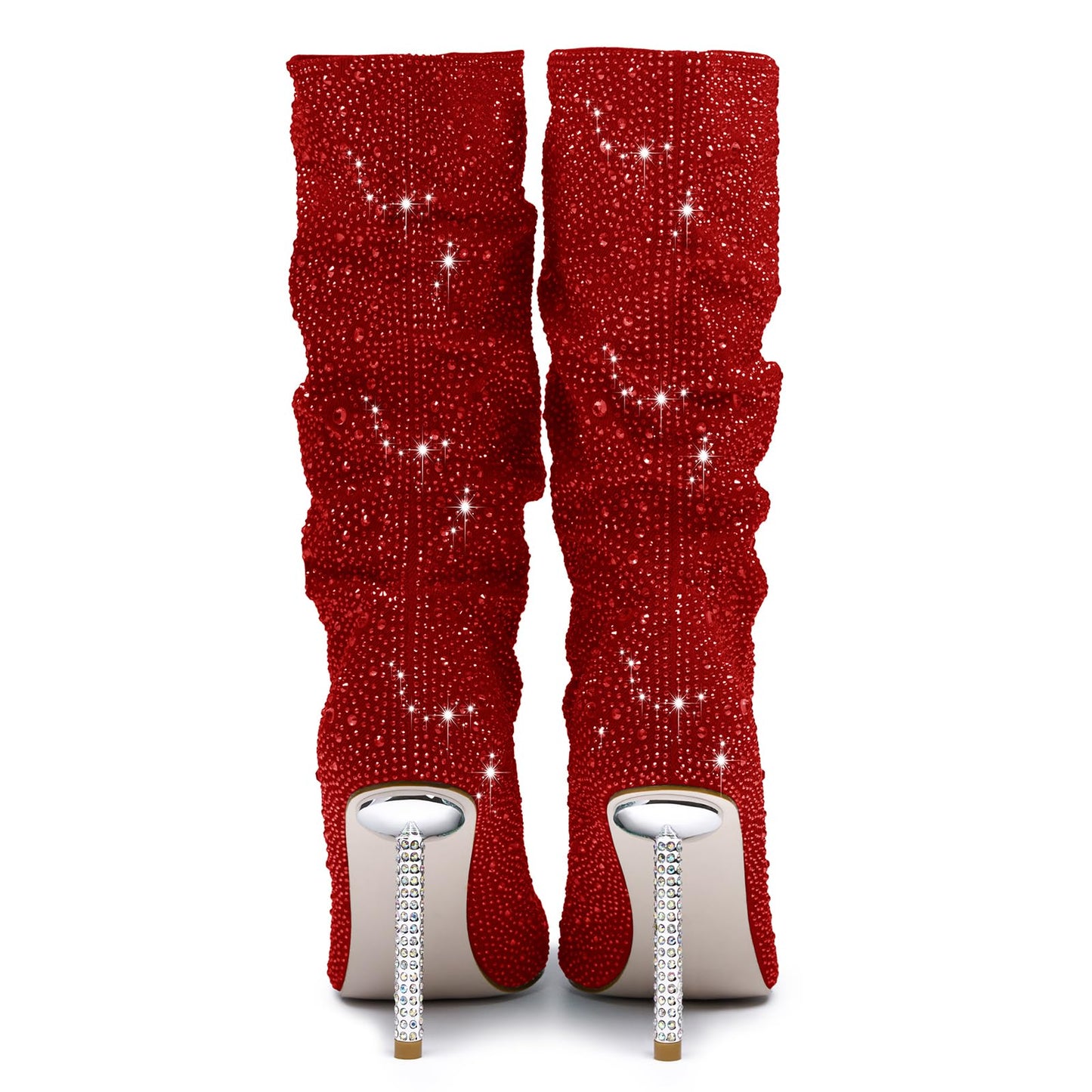 Women's Red Denim Mid Calf Boots sparkly Rhinestone Stiletto Heel Boots Western Wide Calf Short Cowboy Boots Sexy Pointed Toe dress Party Boots