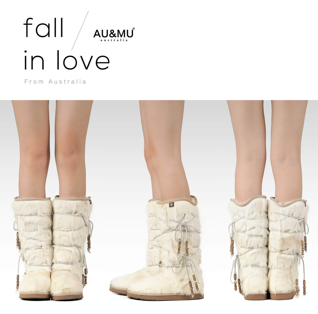AUMU Womens Comfort Suede Fur Mid-calf Winter Boots White