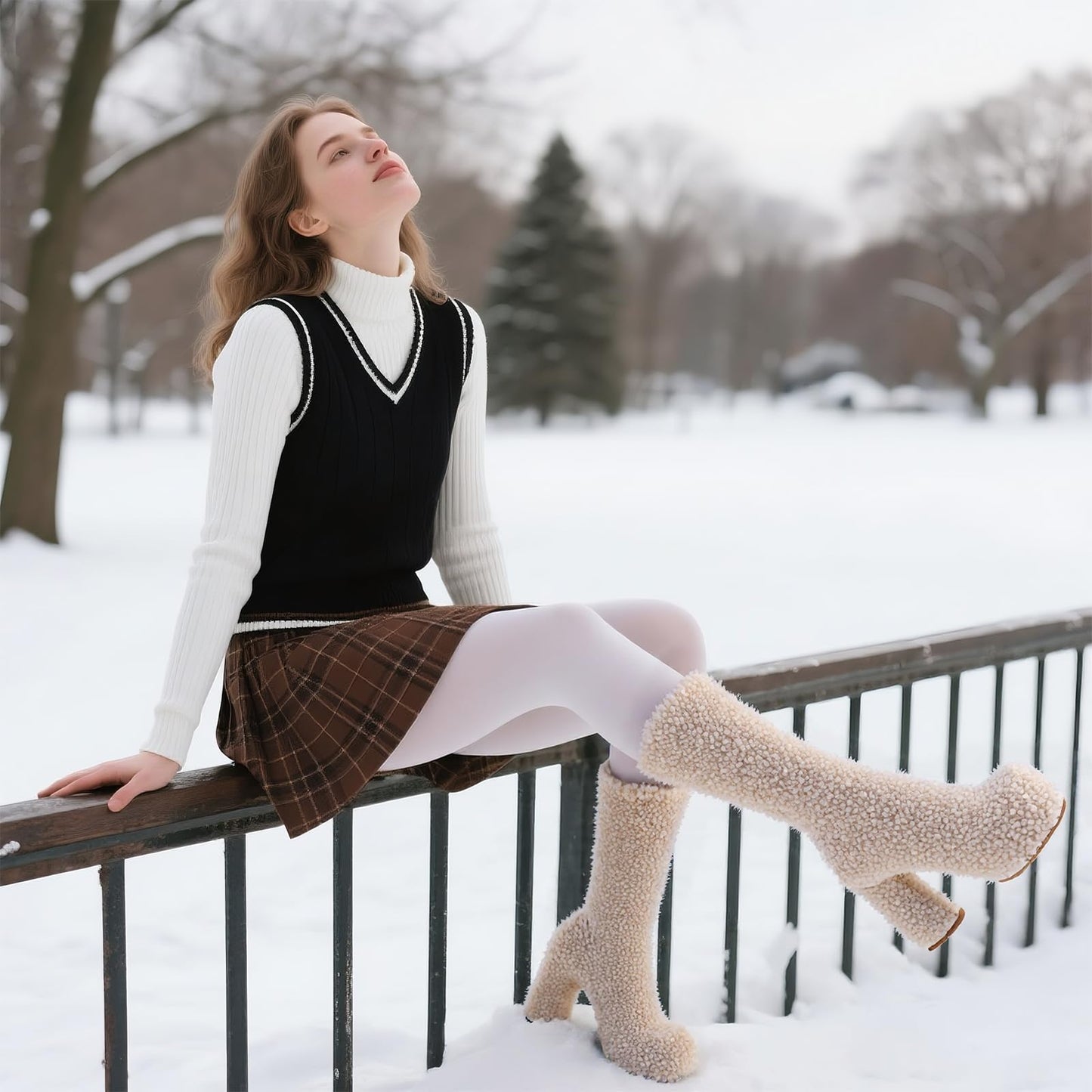 JilTrdWei Mid Calf Fluffy Furry Boots Warm Platform Chunky High Heel Pull On Boots Fashion Winter shoes-beige-6