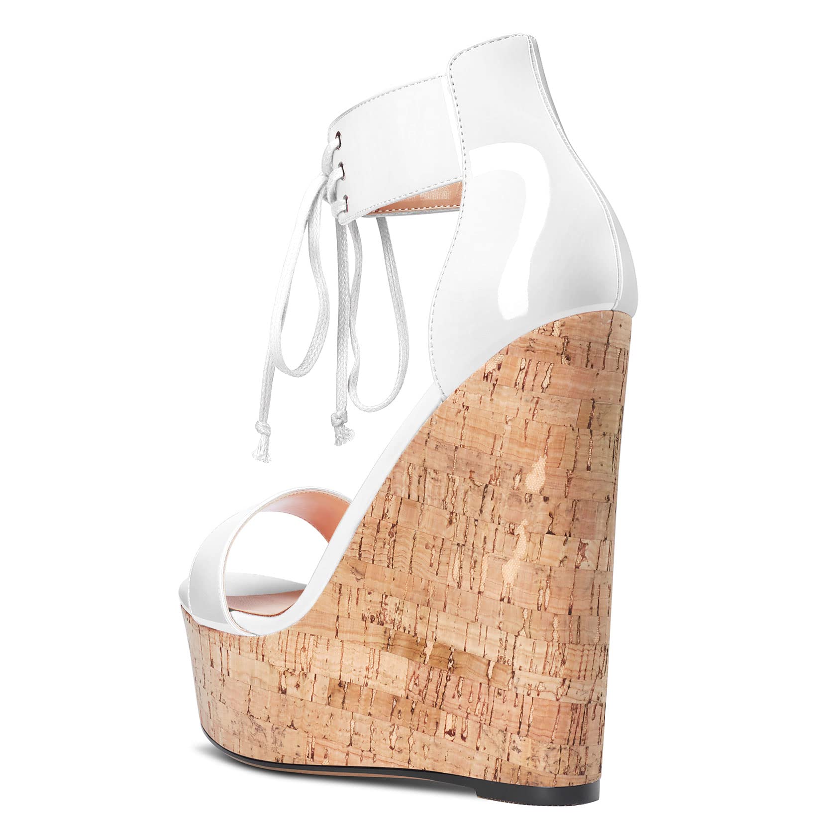 Aachcol Women Platform Wedge Sandals Round Peep Open Toe Lace-up Ankle Strap Slingback Two-Piece Chunky Block High Heel Dress Shoes Pumps Party Patent White 6 Inch