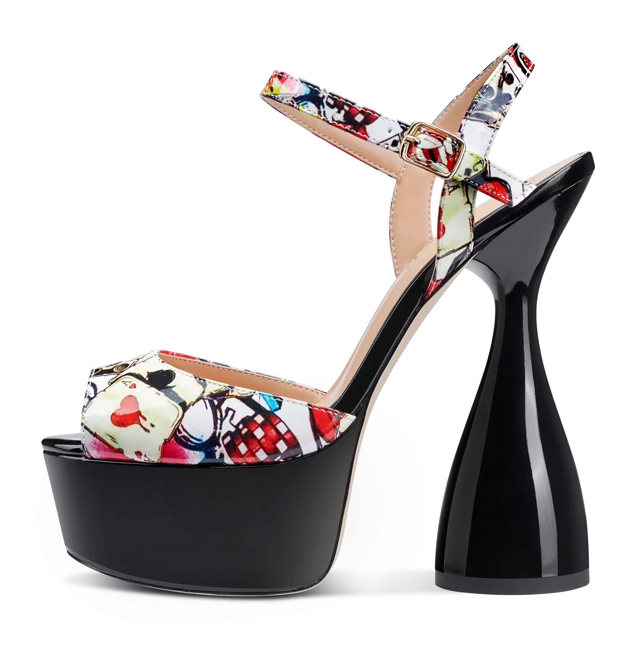 Saekcted Women's Chunky High Heels Platform Fashion Party Sandals Peep-Toe Ankel-Strap Sandal 6Inch Heel Shoes for Wedding Dress Multicolor Patent
