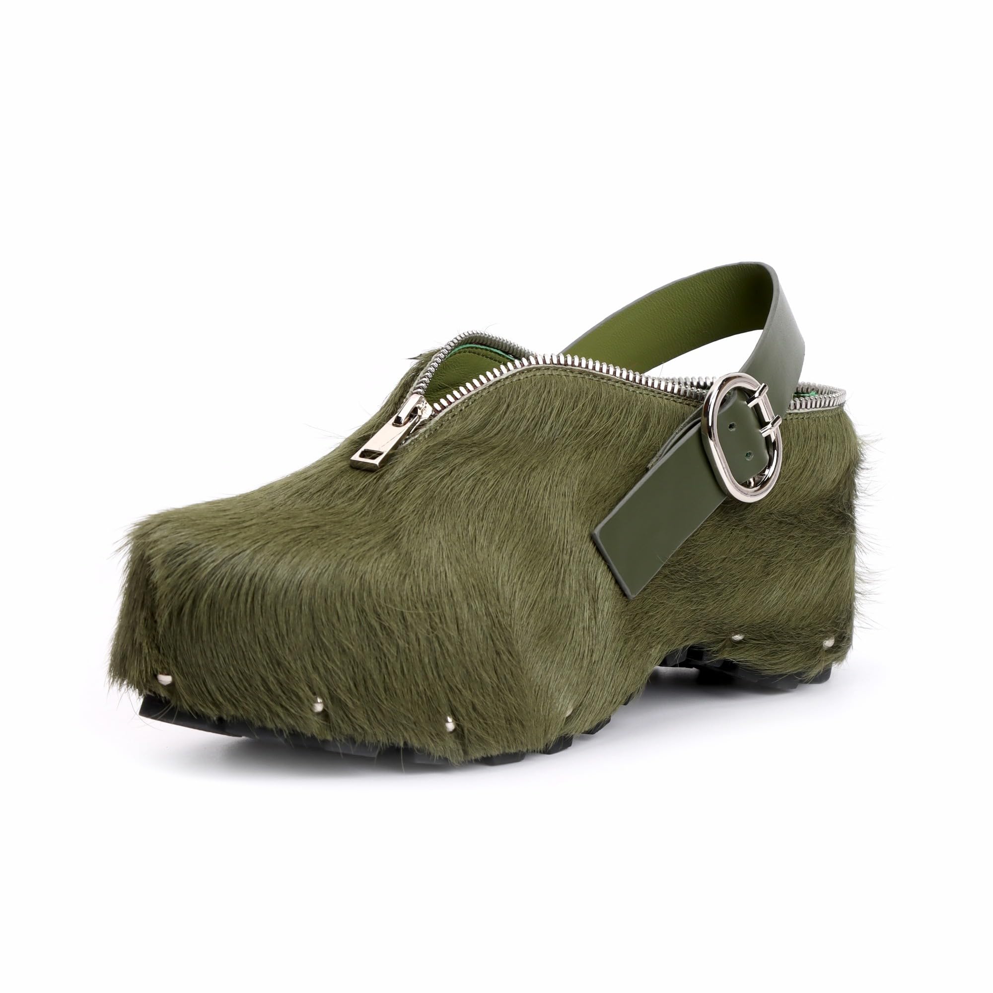 XOBZJH Women’s Natural Cow Print Fur Platform Clogs with Decorative Zipper & Adjustable Buckle Strap – Western Slip-On Punk Rivet Mules with Arch Support, Chunky Retro Rustic Style