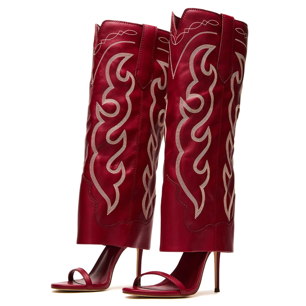 Yishaweiqi Embroidered Knee High Heels for Women Round Open Toe Stiletto Heels Pull On Wide Calf Sandals
