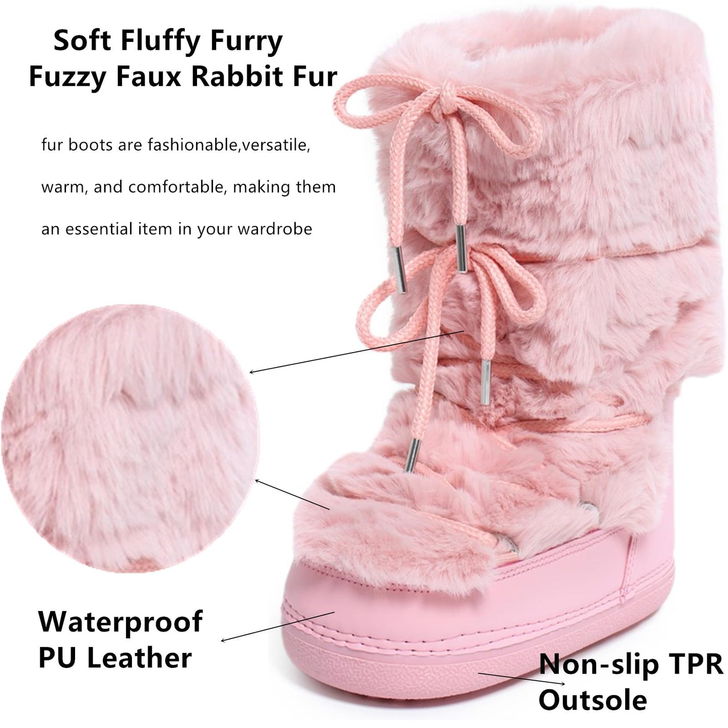 ZHENAIYISHENG Faux Fur Boots for Women - Fuzzy Fluffy Furry Water Resistant Snow Boots for Women - Anti-Slip with Cotton Sponge Lined and TPR Rubber Sole Black White Fur Boots pink