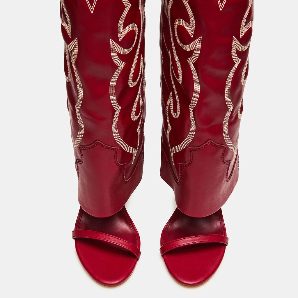 Yishaweiqi Embroidered Knee High Heels for Women Round Open Toe Stiletto Heels Pull On Wide Calf Sandals