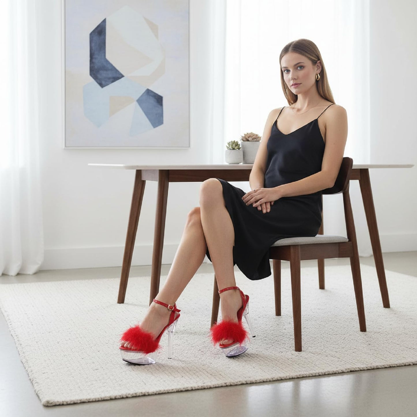 Baffoloo Women's Clear Platform Stiletto Fuzzy High-heeled Ankle Strap Party Casual Sexy Heels for Dancing Pole Dance Heels Casual Sandals Red