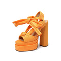 Orange vivianly Lace Up Platform Ankle Strap Heeled Sandals Satin Square Toe Chunky Block High Heels for Women
