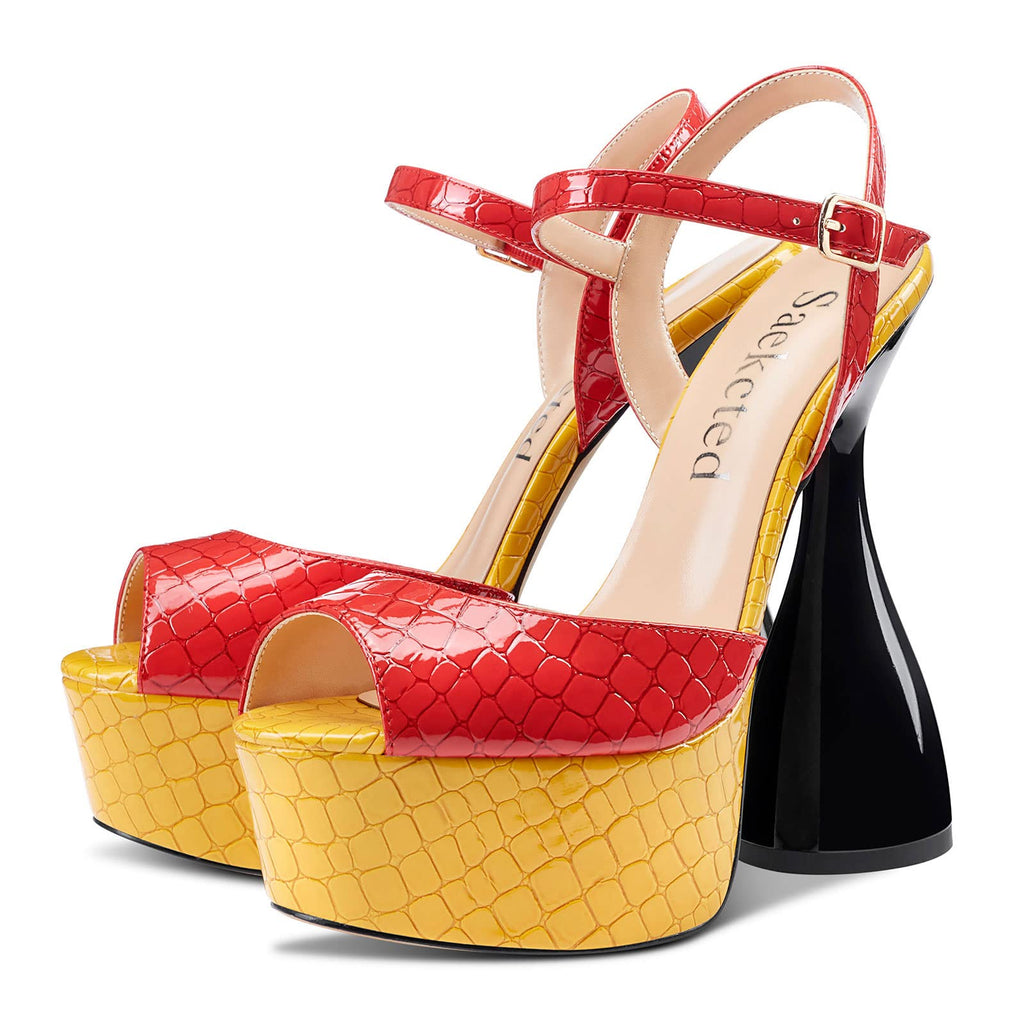 Saekcted Women's Chunky High Heels Platform Fashion Party Sandals Peep-Toe Ankel-Strap Sandal 6Inch Heel Shoes for Wedding Dress Red