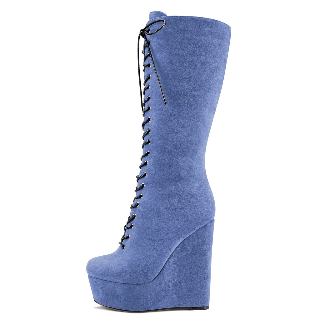 Castamere Women Wedge High Heel Close Round Toe Mid Calf Lace-up Zipper Classic Boots Blue