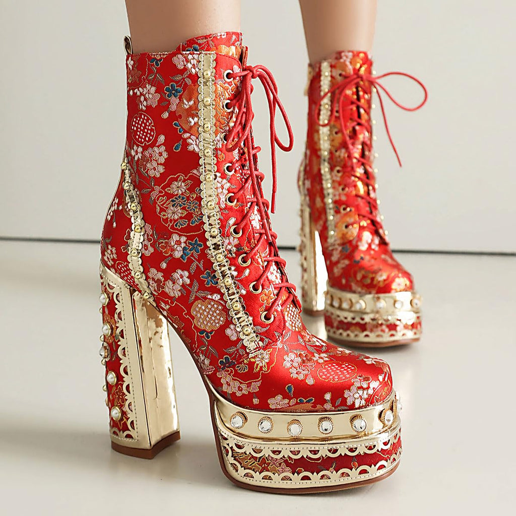 Red Feinlina Embroidered Fabric Gemstones Platform Chunky Ankle Boot