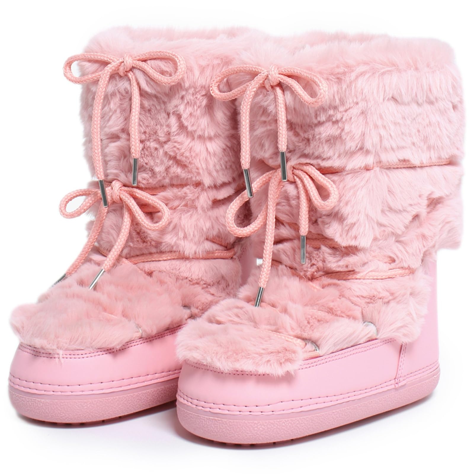 ZHENAIYISHENG Faux Fur Boots for Women - Fuzzy Fluffy Furry Water Resistant Snow Boots for Women - Anti-Slip with Cotton Sponge Lined and TPR Rubber Sole Black White Fur Boots pink