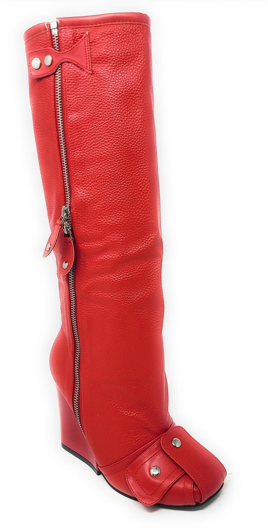 LEMONADE Women's Buckle Detail Square Toe Wedge Heel Knee High Long Boot﻿ Senna Red 7.5n