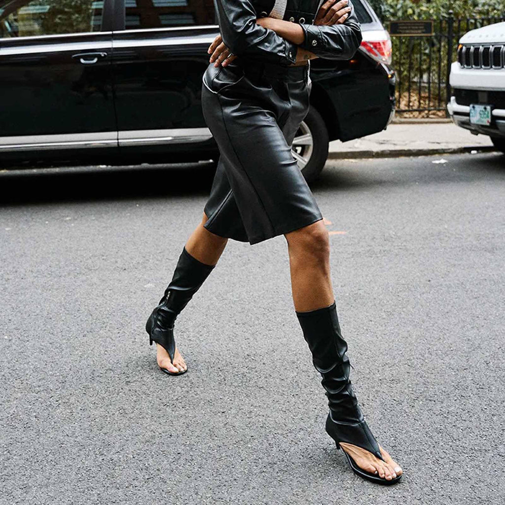 ZJGZF Black Thong Sandals for Women Kitten Heel Knee High Boots Open Toe Flip Flop High Heel Boots Gogo Boot