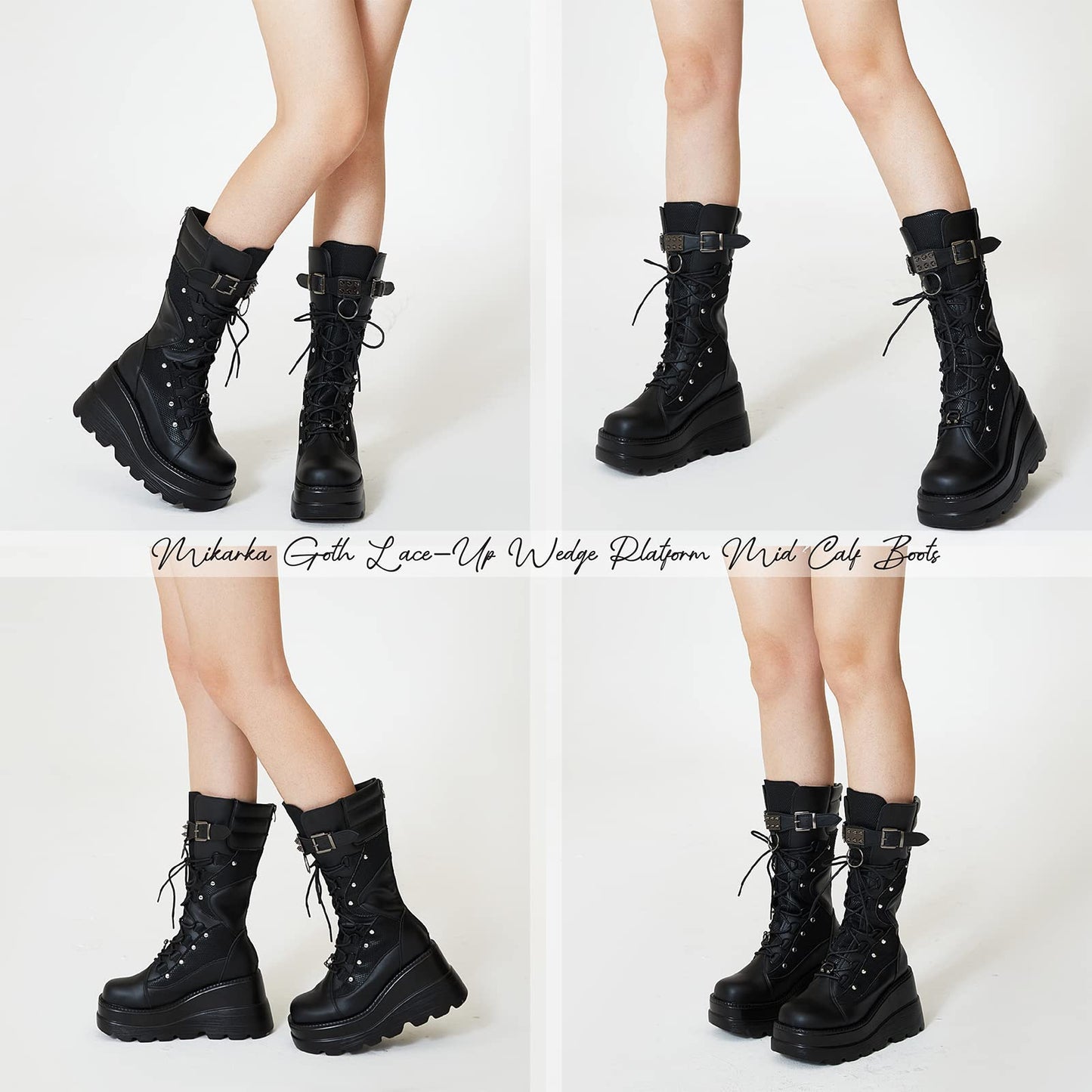 Black mikarka Womens Holographic Platform Mid Calf Wedge Combat Boots