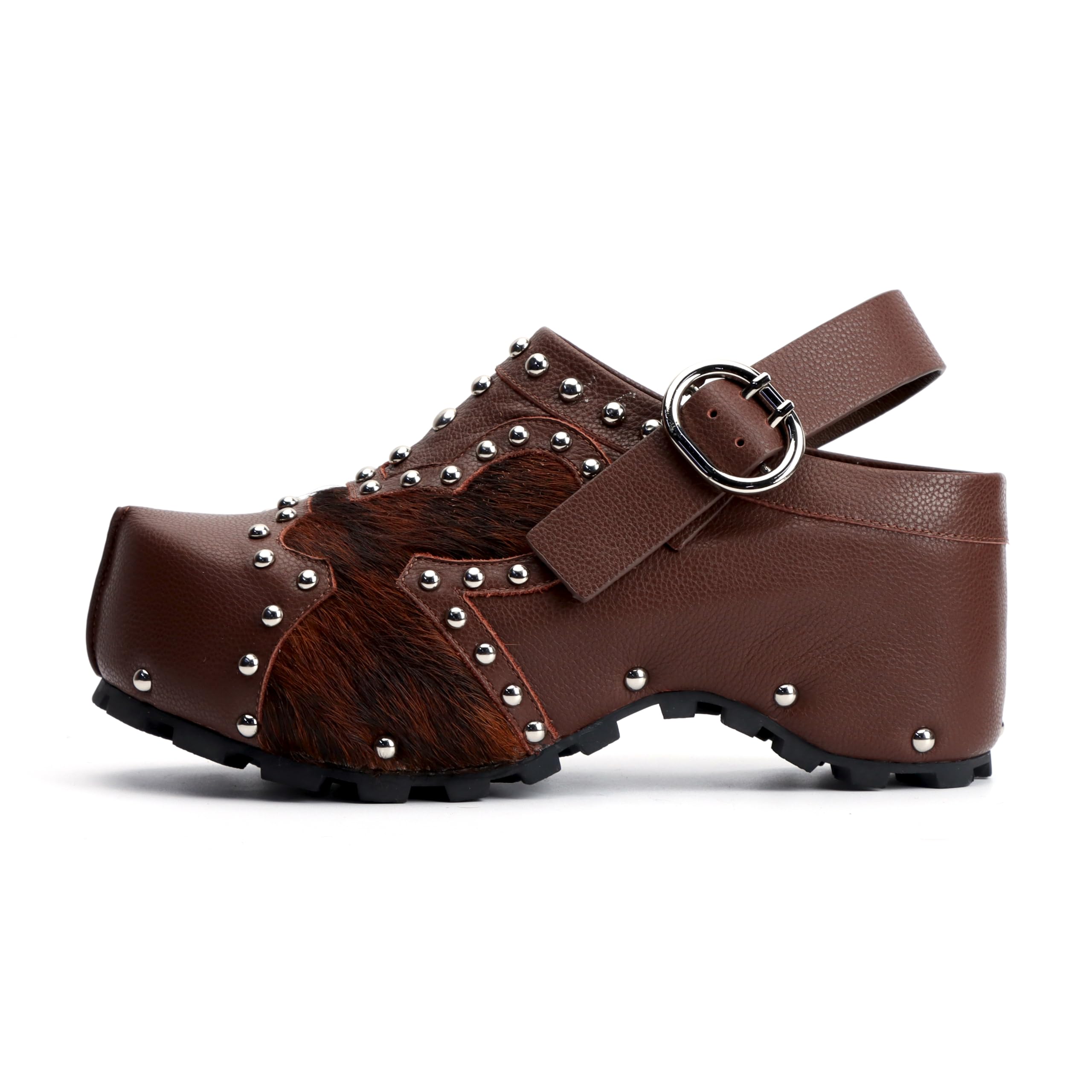 XOBZJH Platform Clogs for Women with Arch Support – Natural Calf Hair & Leather Patchwork Upper, Adjustable Strap, Leather-Lined Slip-On Mules for Flat Feet, Vintage Rivet Design