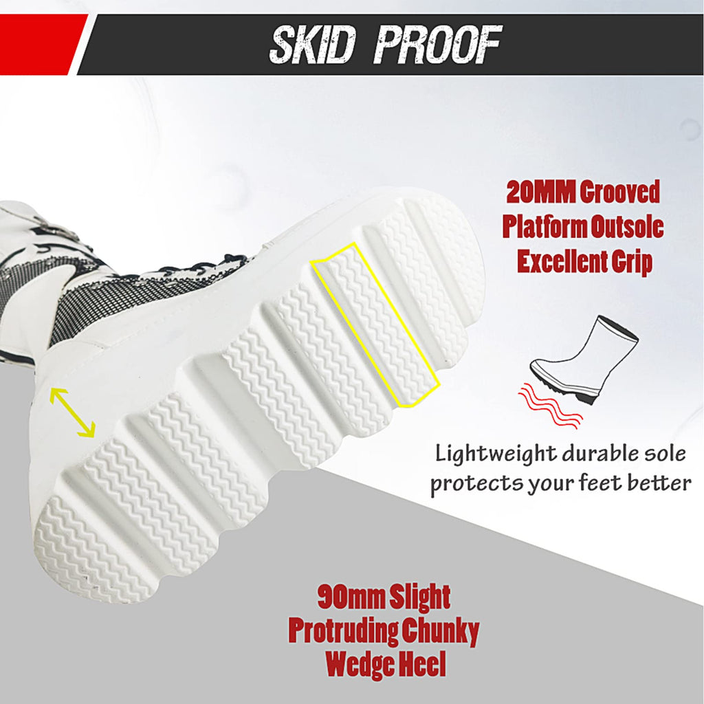 White mikarka Womens Holographic Platform Mid Calf Wedge Combat Boots