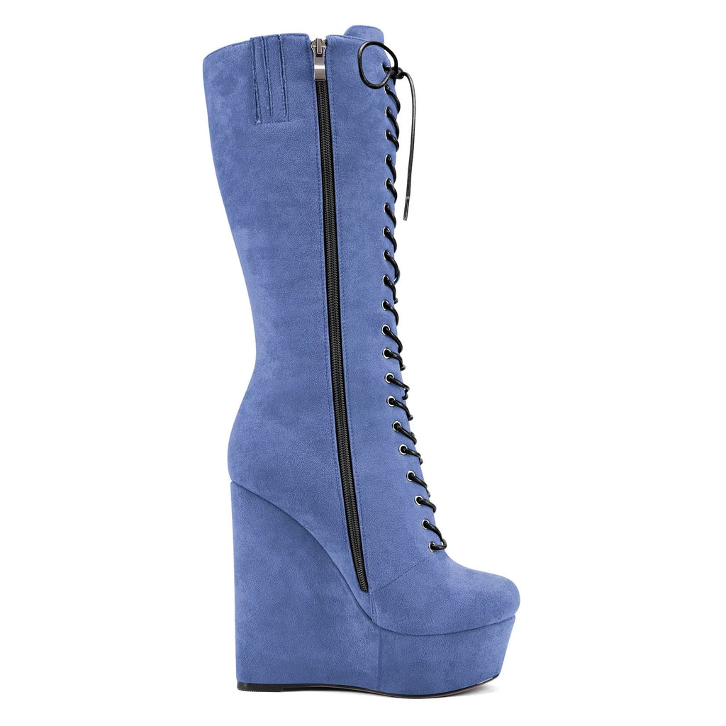 Castamere Women Wedge High Heel Close Round Toe Mid Calf Lace-up Zipper Classic Boots Blue