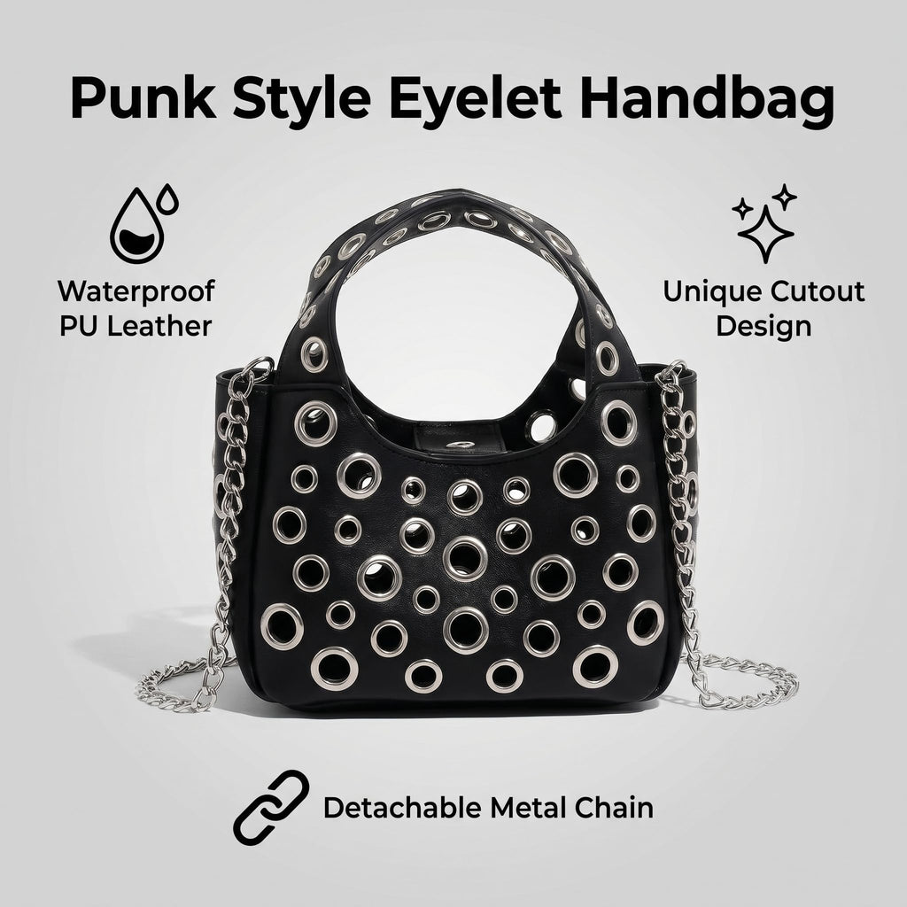Wynndora Y2K Punk Cutout Crossbody Bag for Women, Hollow Metal Ring Shoulder Purse with Detachable Chain, Goth Streetwear Handbag for Club Party Festival
