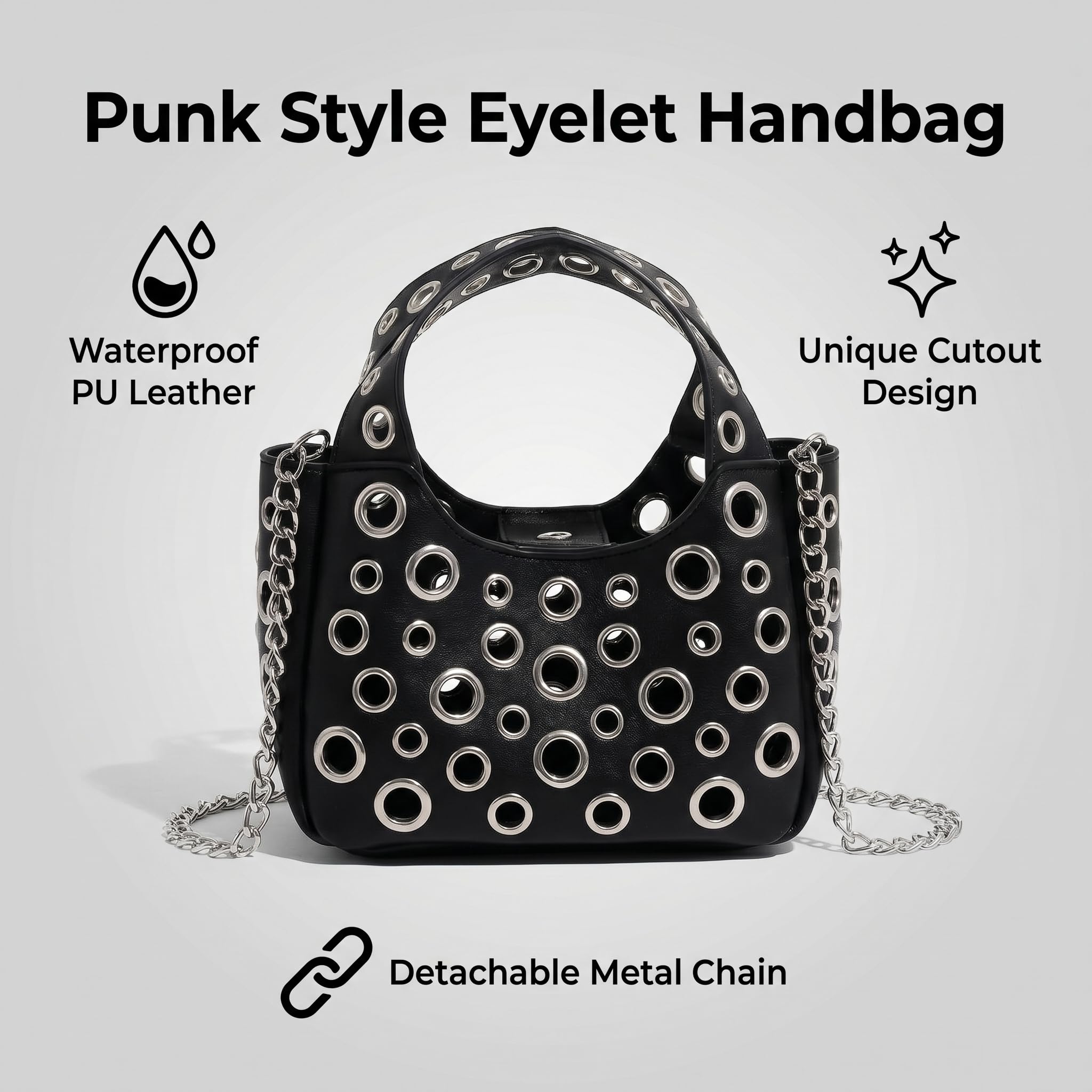 Wynndora Y2K Punk Cutout Crossbody Bag for Women, Hollow Metal Ring Shoulder Purse with Detachable Chain, Goth Streetwear Handbag for Club Party Festival