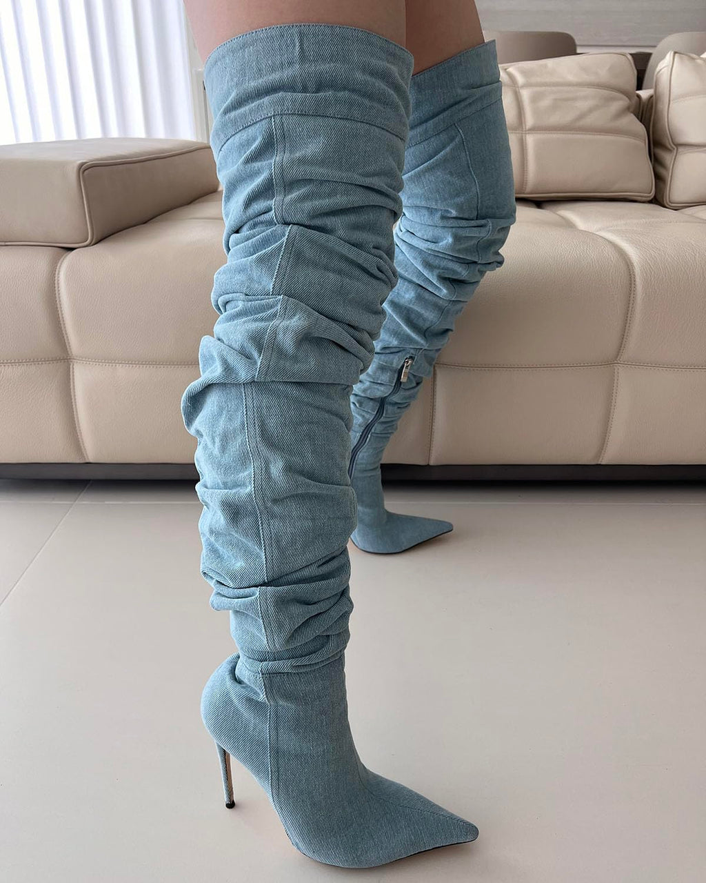 Tracieshoes Women’s Over-the-Knee Slouchy Denim Boots with 4.3" Stiletto Heel–Sexy Pointed Toe Thigh High Fashion Booties for Date and Evening Wear Blue Size 8
