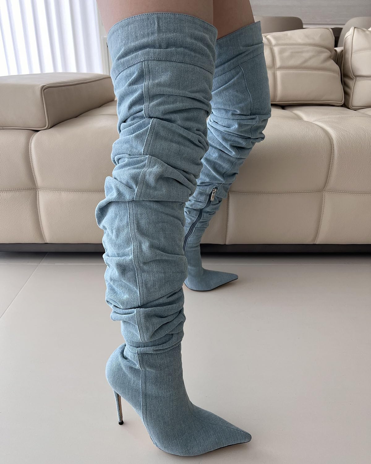 Tracieshoes Women’s Over-the-Knee Slouchy Denim Boots with 4.3" Stiletto Heel–Sexy Pointed Toe Thigh High Fashion Booties for Date and Evening Wear Blue Size 8