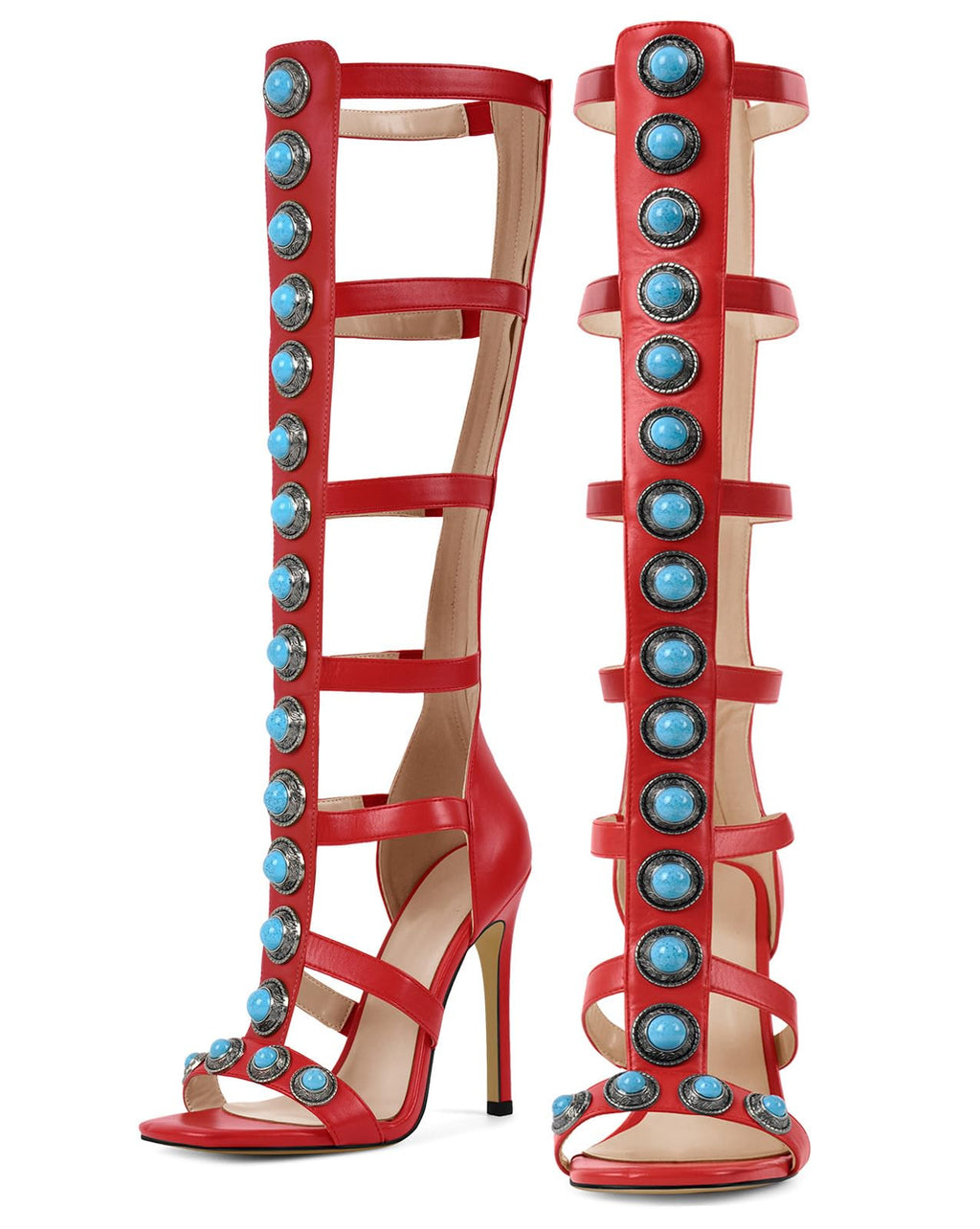 MissHeel Knee High Strappy Heel for Women Red Knee-High Gladiator-Heels Turquoise High-Heel Sandals with Jewelry Size 5