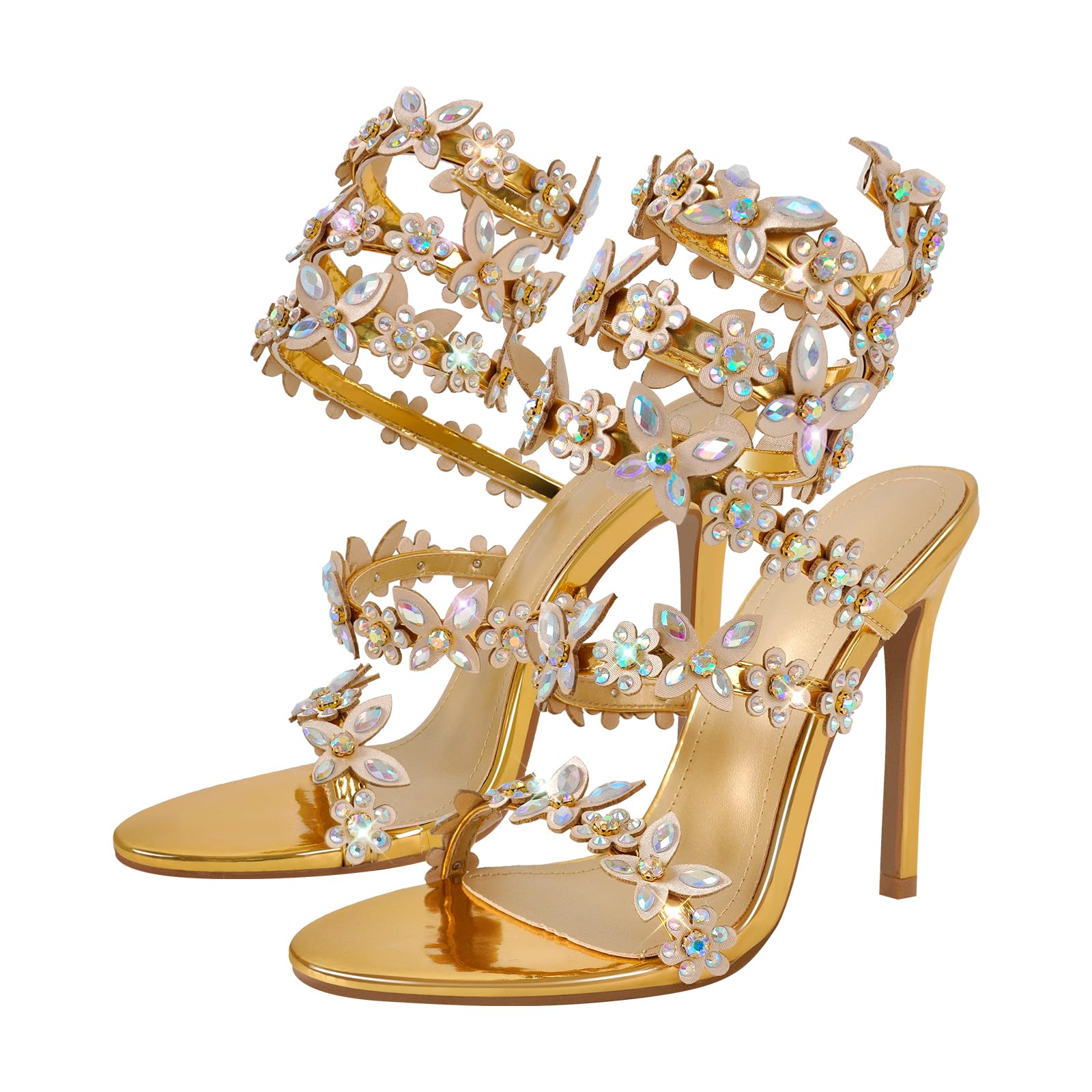 Rhineshell Women's Diamante High Heels Sparkly Spiral Wrap Up Strappy Heeled Sandals Round Open Toe Faux Leather Stilettos Rhinestones Studded Party Dress Shoes Gold Size