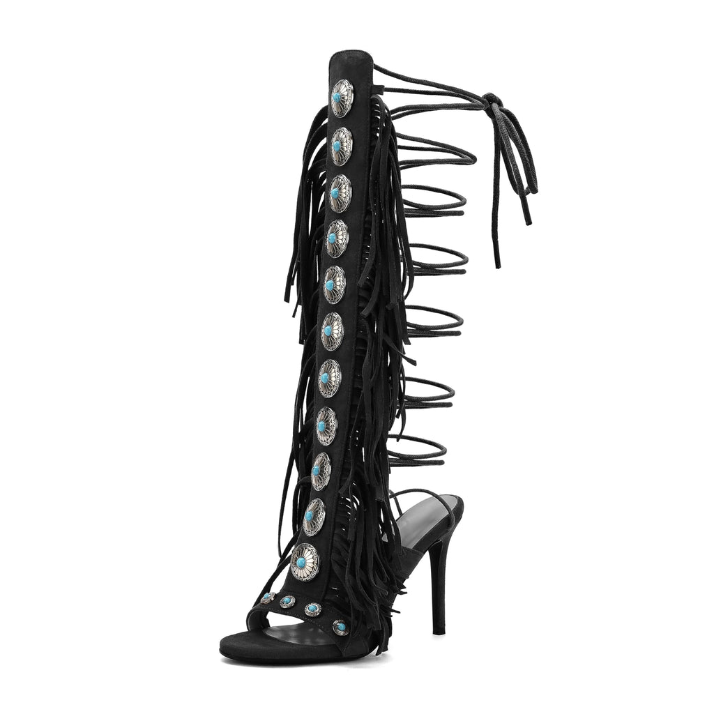 FancyQueen Gladiator Heels Knee High Heels for Women Open Toe Stiletto Suede Fringe Boots Lace up Strappy Peep Toe High Sandal Boots Black