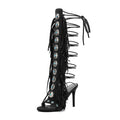 FancyQueen Gladiator Heels Knee High Heels for Women Open Toe Stiletto Suede Fringe Boots Lace up Strappy Peep Toe High Sandal Boots Black