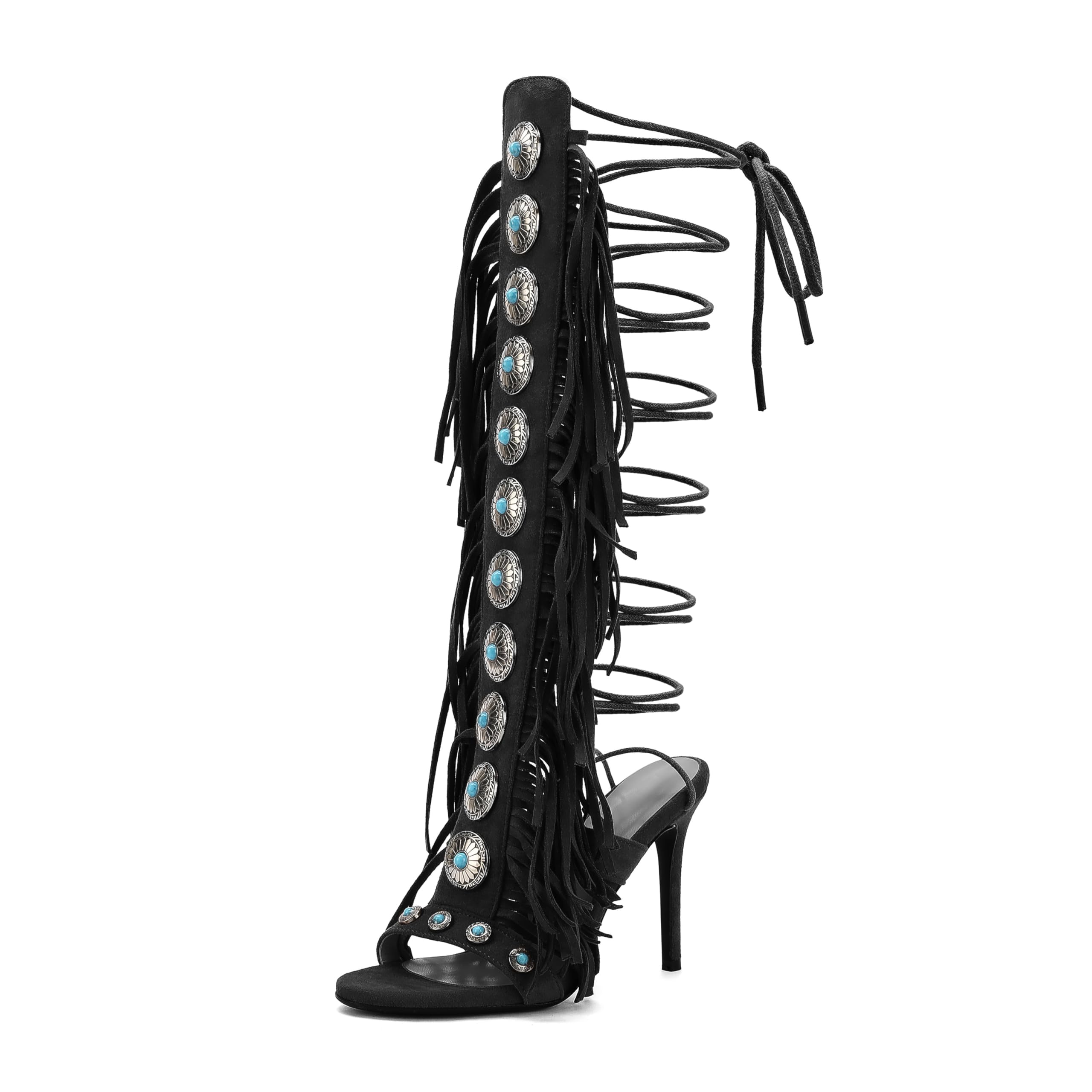 FancyQueen Gladiator Heels Knee High Heels for Women Open Toe Stiletto Suede Fringe Boots Lace up Strappy Peep Toe High Sandal Boots Black