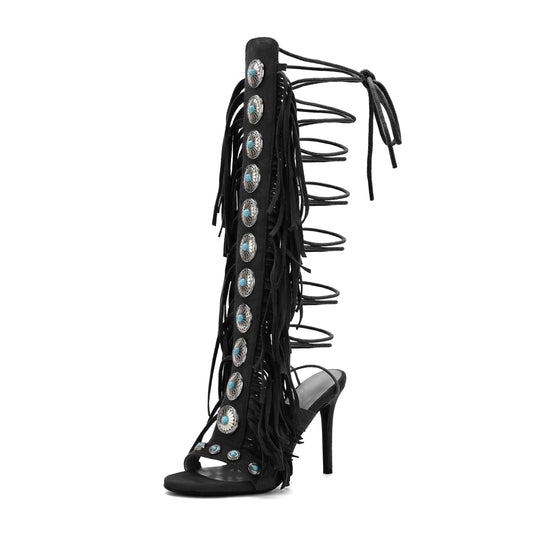 FancyQueen Gladiator Heels Knee High Heels for Women Open Toe Stiletto Suede Fringe Boots Lace up Strappy Peep Toe High Sandal Boots Black