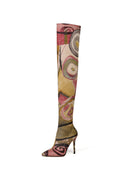 vivianly Women's Sexy Printed Stretchy Thigh High Boots Pointy Toe Stiletto Heel Booties Over The Knee High Heel Boot Size 7