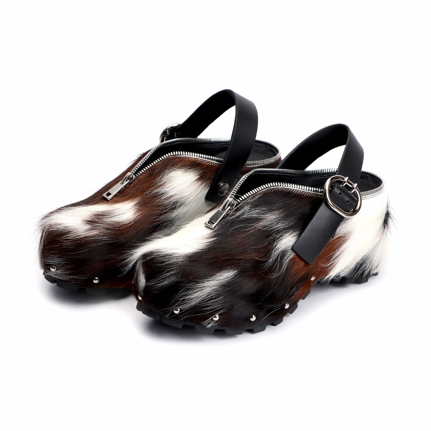XOBZJH Women’s Natural Cow Print Fur Platform Clogs with Decorative Zipper & Adjustable Buckle Strap – Western Slip-On Punk Rivet Mules with Arch Support, Chunky Retro Rustic Style