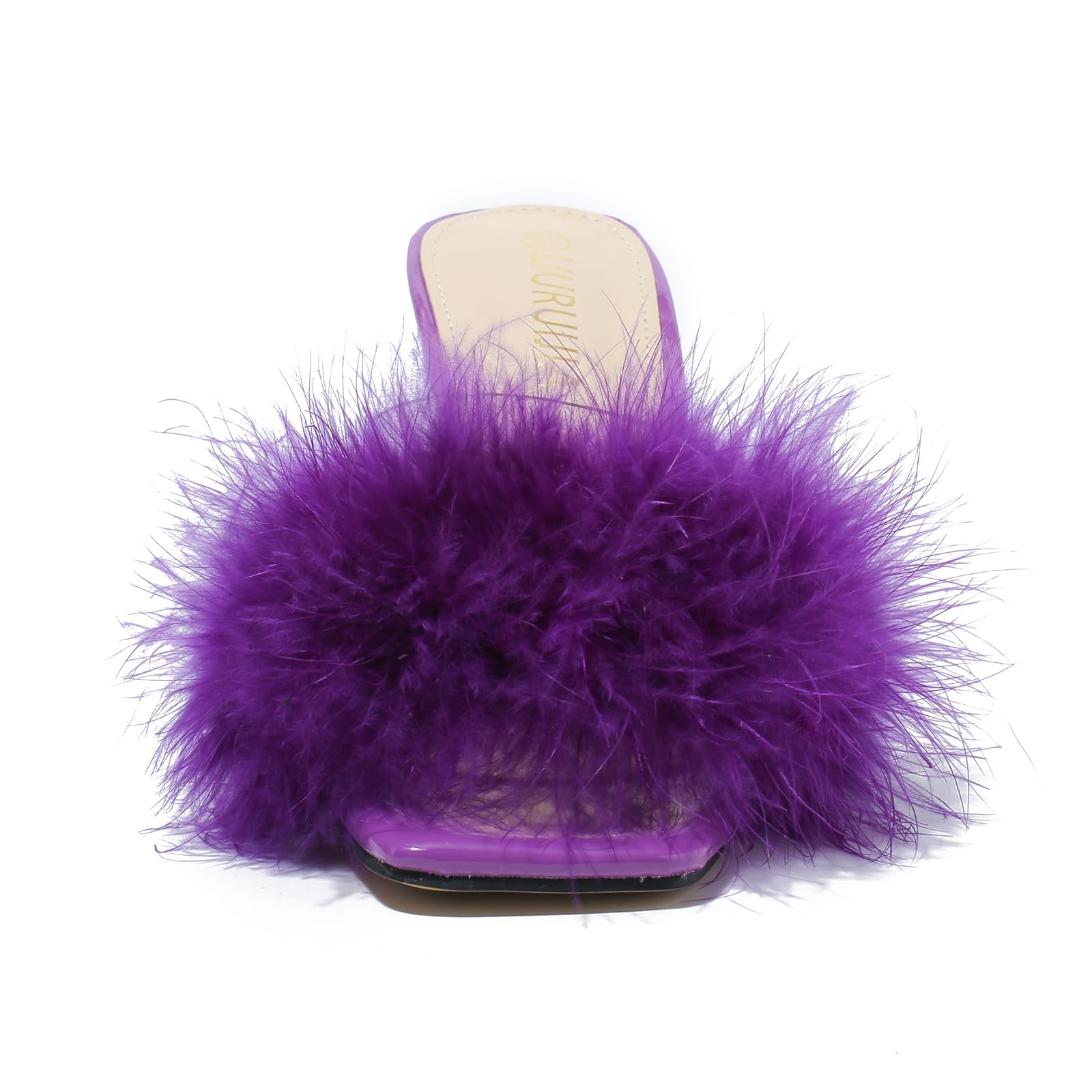 LIURUIJIA Women's Square Toe Feather Fluffy Fuzzy Heels High Heeled Dress Sandals Wedding Bridal Party Shoes Purple