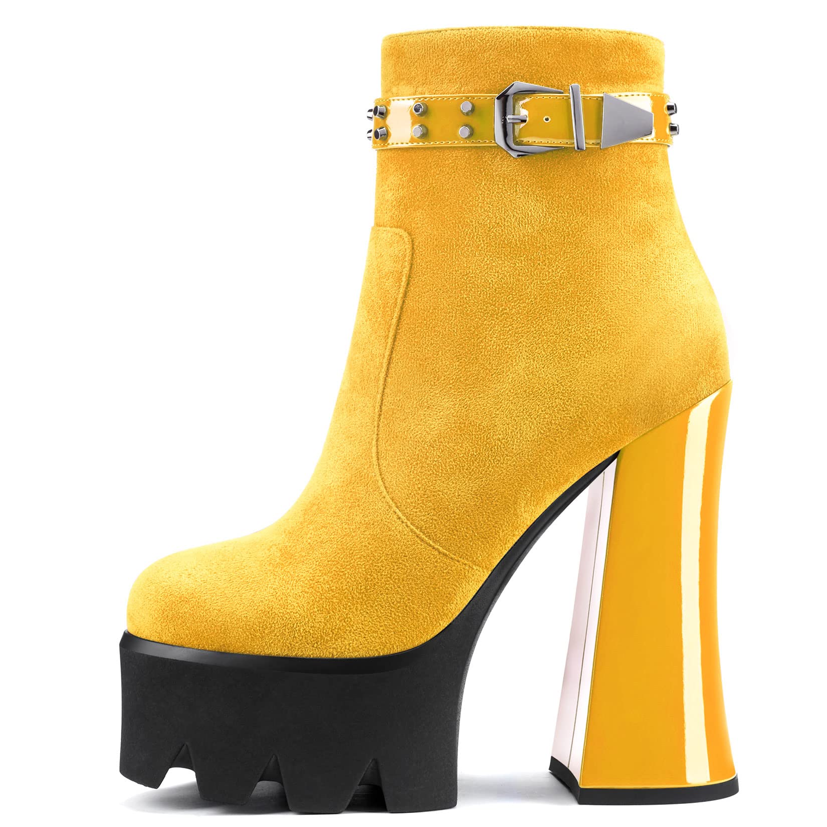Aachcol Women Platform Ankle Boots Short Bootie Round Close Toe Chunky Block High Heel Suede Zipper Rivets Yellow 5.5 Inch