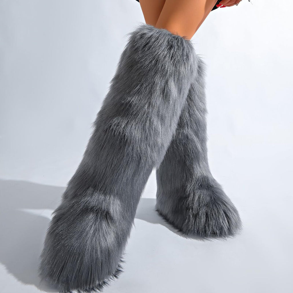 Valpeak Womens Faux Fur Boot Winter Fluffy Long Furry Boots for Girls Outdoor Fuzzy Knee-High Boots(Dark Grey