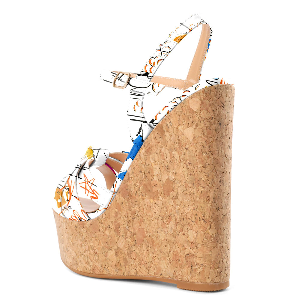 YODEKS Wedge Platform Sandals for Women High Heel Open Round Toe Wooden Heels Dress Shoes Patent Graffiti White