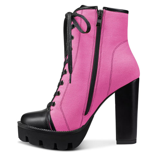 NobleOnly Women High Heel Platform Round Toe Ankle Boots Short Bootie Zipper Lace-up Riding Boots Classic Party Office 5.1 Inches Heels Pink