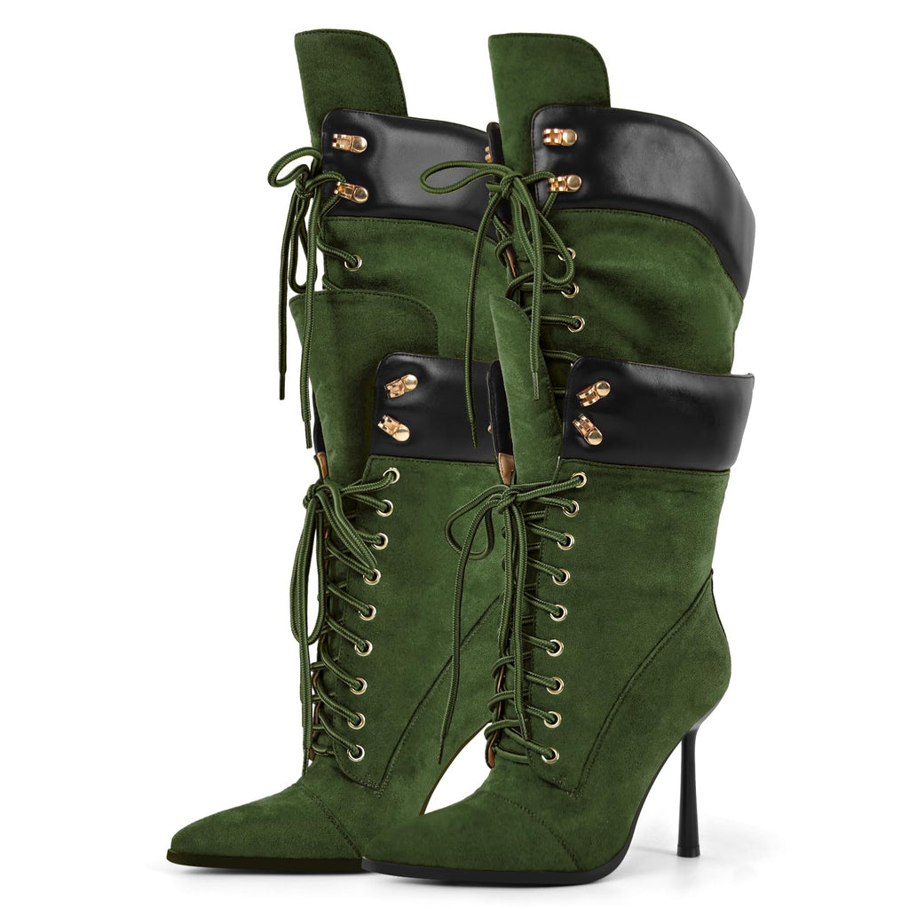 Richealnana Women's Double Lace Pointed Toe Stilettos Straps Up Strappy Knee High Boots Sexy Slim Heel Fashion Cool Biker Cosplay Mid Calf Booties Green US 5