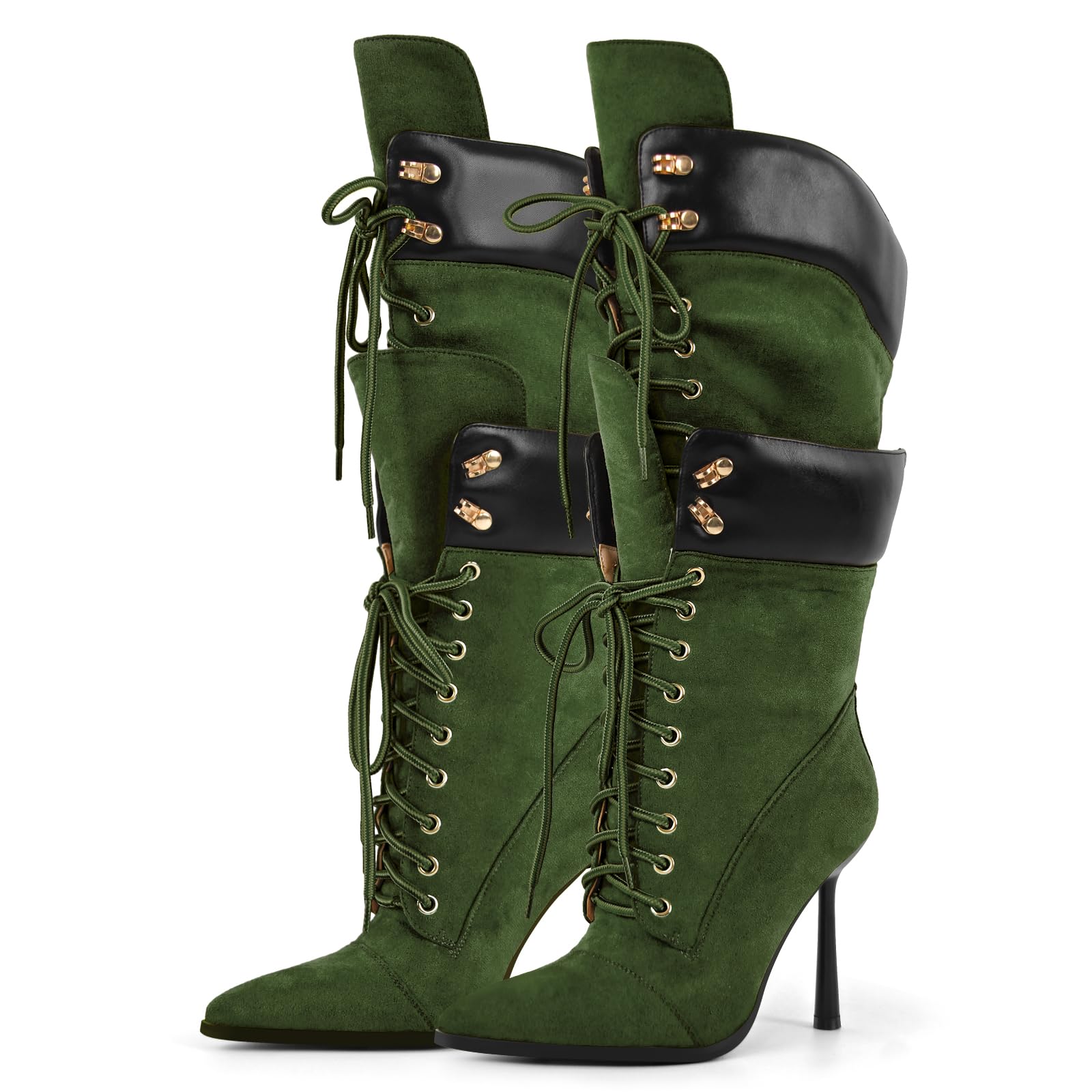 Richealnana Women's Double Lace Pointed Toe Stilettos Straps Up Strappy Knee High Boots Sexy Slim Heel Fashion Cool Biker Cosplay Mid Calf Booties Green US 5