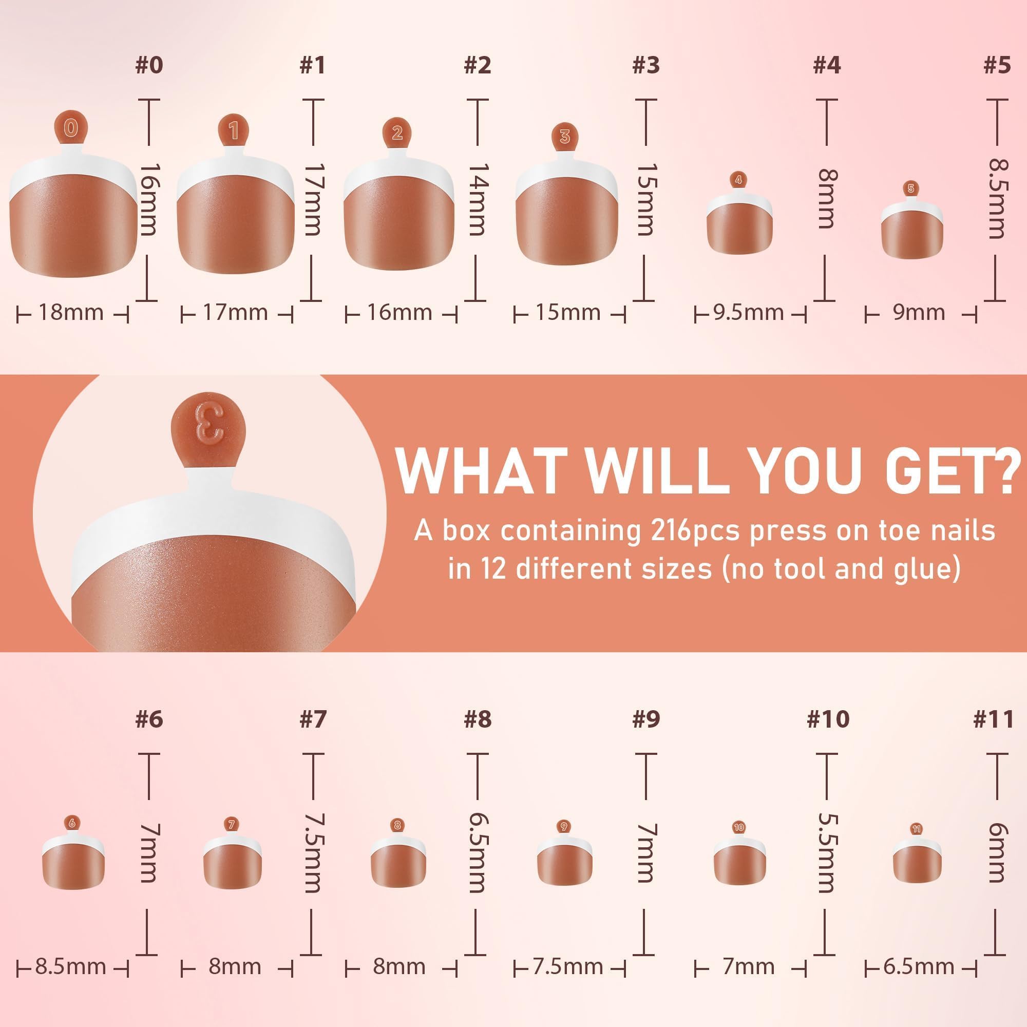 UNA GELLA Toe Nail Press Ons Honey Brown Toe Nail Tips Gel Nail Tips French Tip Press On Nails -216pcs 12sizes Soft Gel Press On Toenails Acrylic Nails Soak Off Toenail Press Ons For Home DIY Nail