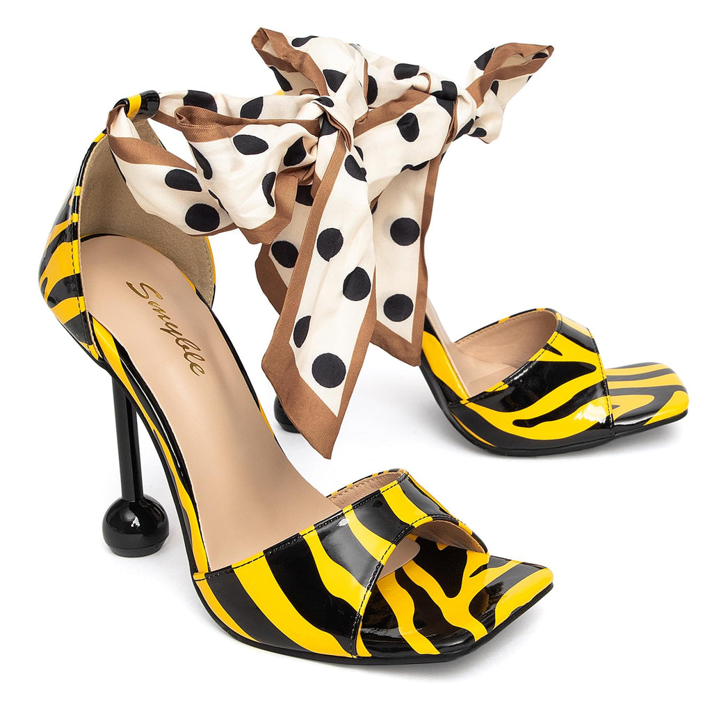 Women's Square Open Toe Zebra Print Heeled Sandals, Bow, Ankle Strap, 4.3in