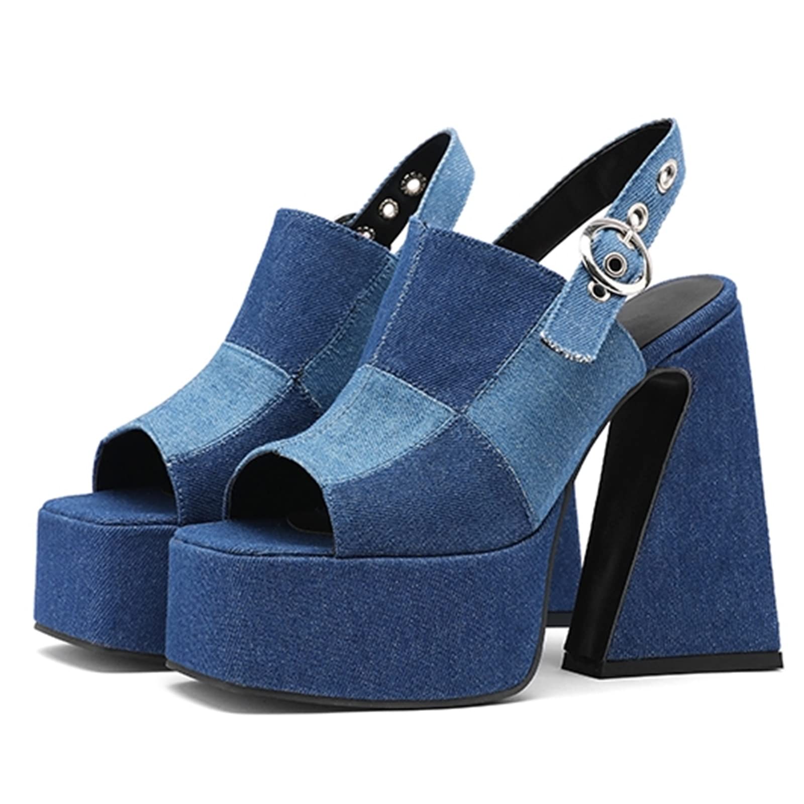AIMODOR Women Checkered Platform Pumps Chunky Heels Sandals Open Square Toe Slingback Dress Pumps Blue