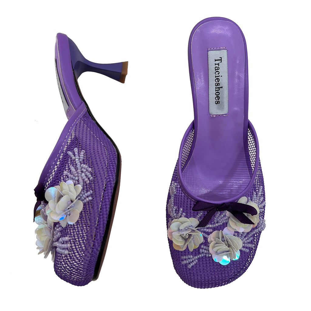 Tracieshoes Women's Mesh Mule Slip On Sandals With Floral Sequin Embellishments Round Toe Middle 2.5 Inch Heel Slides Slippers Purple