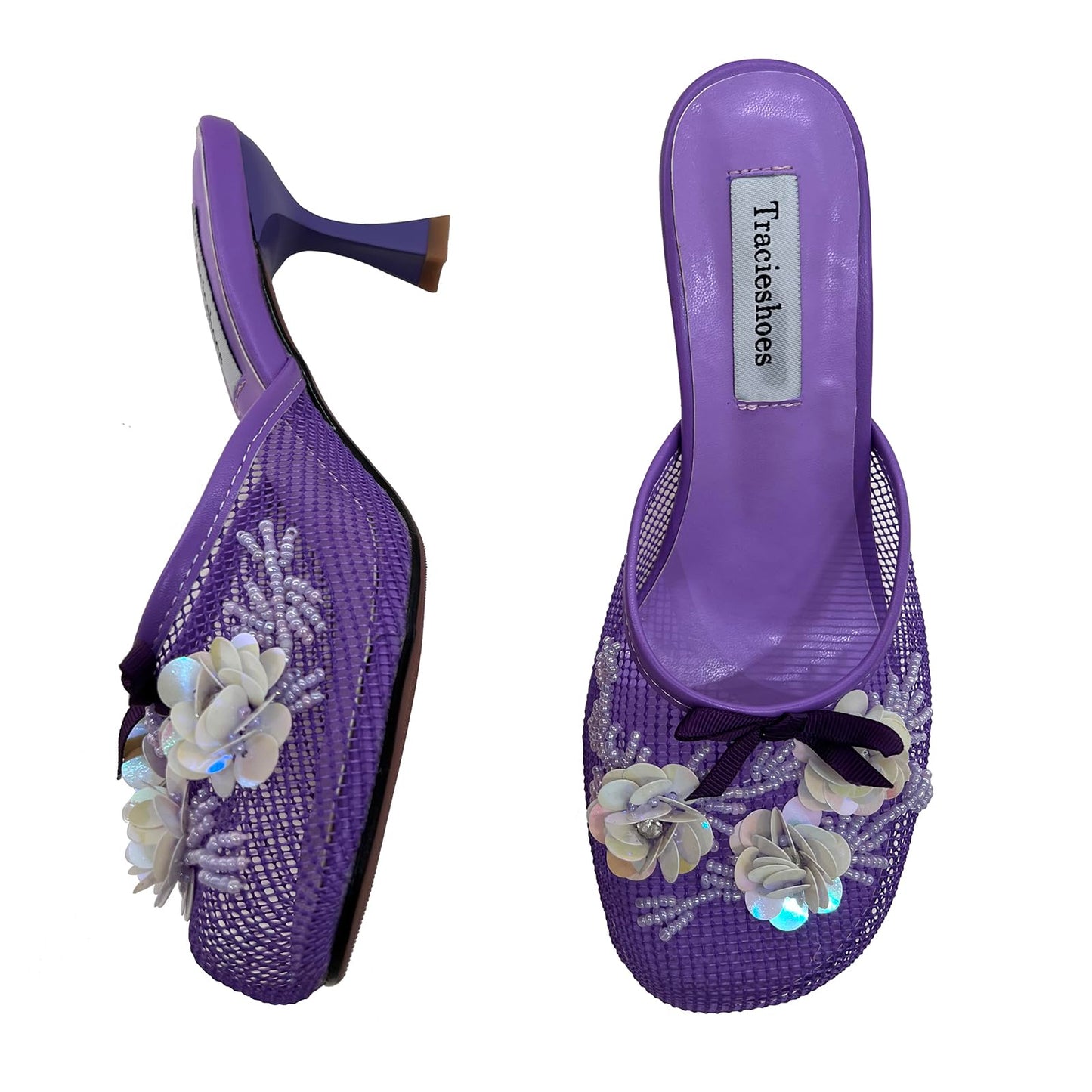 Tracieshoes Women's Mesh Mule Slip On Sandals With Floral Sequin Embellishments Round Toe Middle 2.5 Inch Heel Slides Slippers Purple