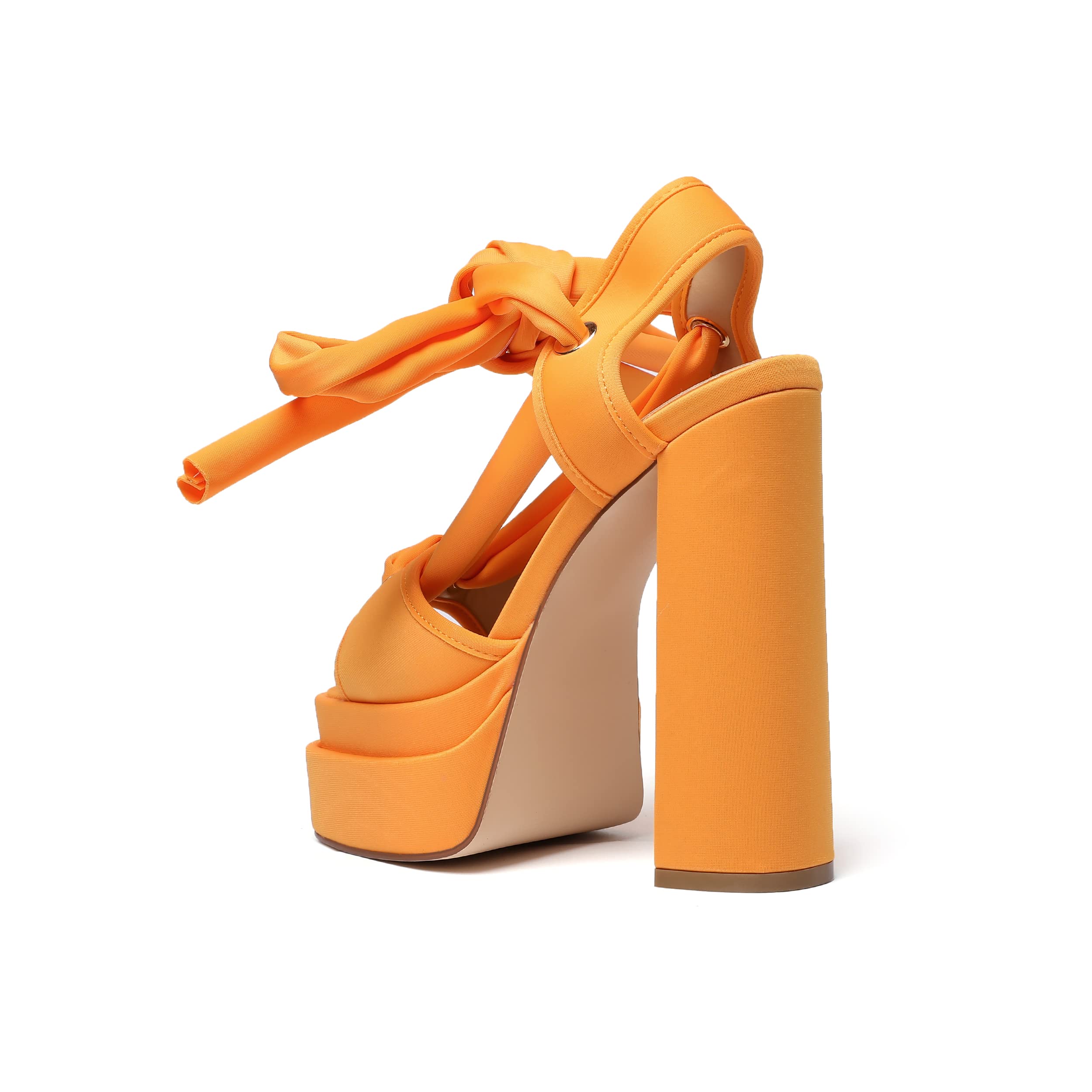 Orange vivianly Lace Up Platform Ankle Strap Heeled Sandals Satin Square Toe Chunky Block High Heels for Women