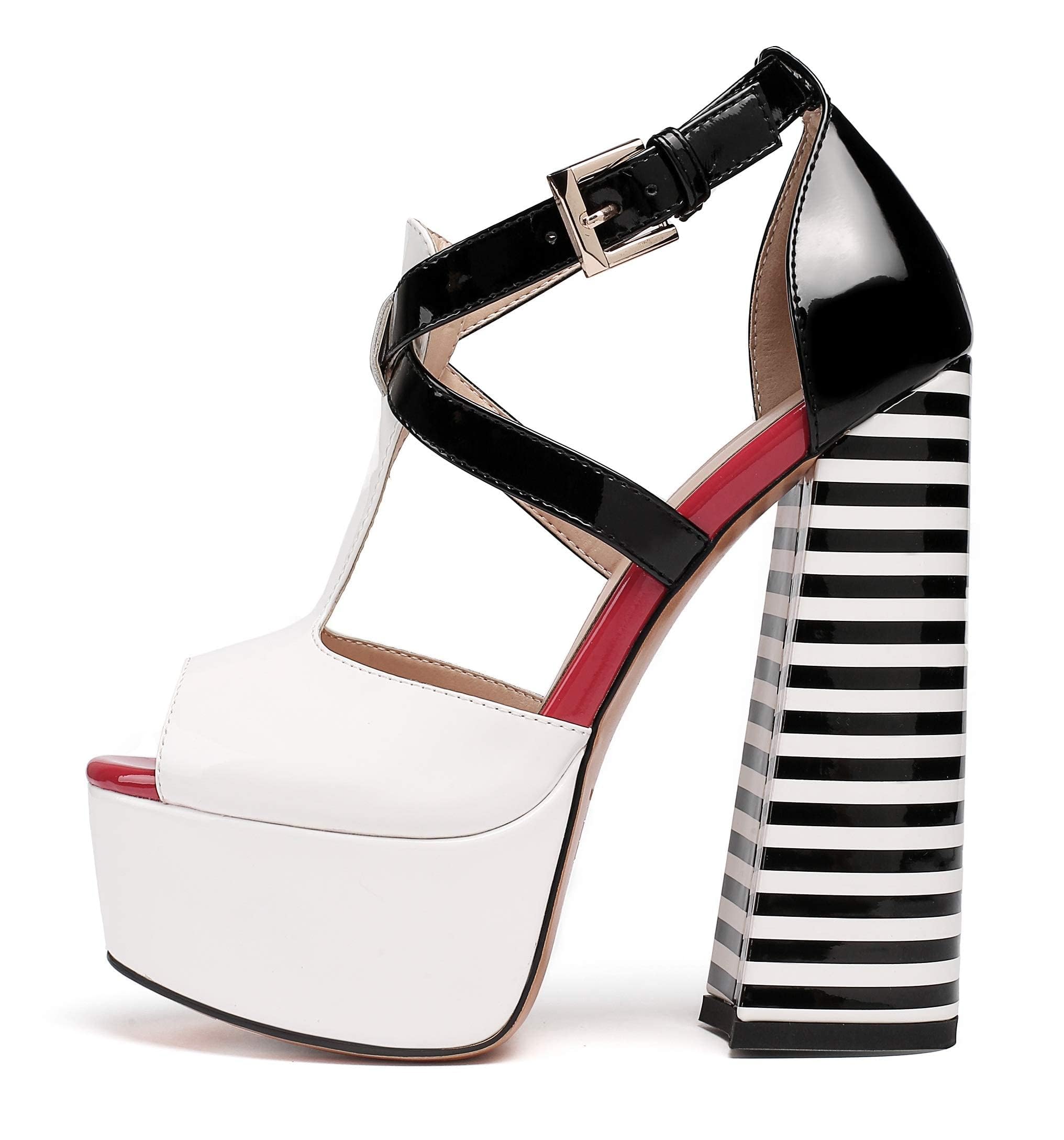 YODEKS Peep Toe Platform Chunky High Heels Heeled Sandals Women's Multicolored Zebra Animal Print Open Toe Ankle Buckle Shoes