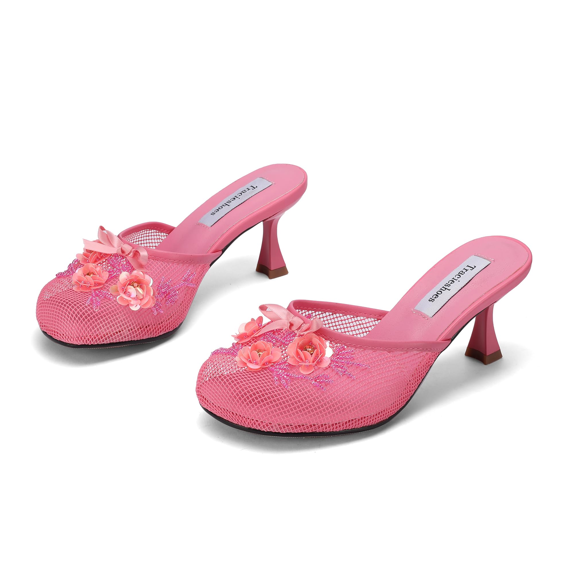 Tracieshoes Women's Mesh Mule Slip On Sandals With Floral Sequin Embellishments Round Toe Middle 2.5 Inch Heel Slides Slippers Pink