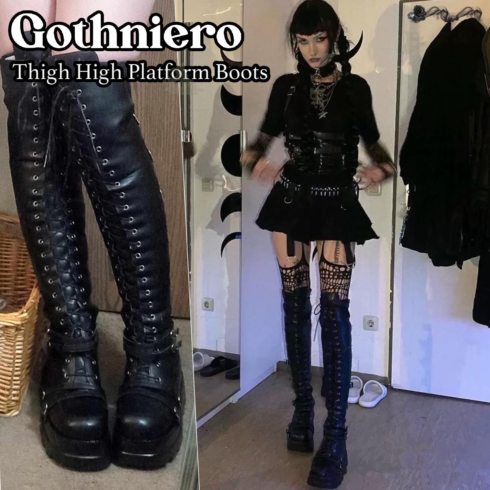 Gothniero Black Platform Boots Over Knee Thigh High Goth Boots for Women Chunky Heel Rave Motorcycle Boots with Buckles Side Zip Lace Boots Size5.5-10